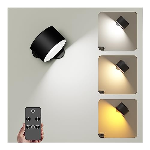 Wandleuchte Innen, Wandlampe mit Fernbedienung Dimmbar mit Akku mit USB-Ladeanschluss, Led Wandleuchte Touch Control 3 Helligkeitsstufen 3 Farbmodi 360° drehbare für Wohnzimmer Schlafzimmer Schwarz