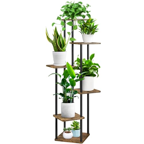 YOCOMEY 6-Tier Hölzern Blumenregal Pflanzenregal, Mehrstöckig Blumenständer Pflanzenständer Blumenbank Blumentreppe Pflanzentreppe Standregal für Innen Garten Balkon Deko(Schwarz)