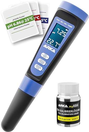 ARKA myAQUA pH/TDS/EC Messgerät - Wasserqualitätstester für pH, TDS, EC & Temperatur, inkl. Kalibrierlösung, ideal für Aquarien, Pools, Teiche & Trinkwasser