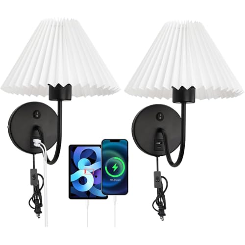 LOGT Stoffschirm Wandleuchte mit Schalter und Stecker Innen Wandlampe USB + Type-C Ladeanschluss Wandbeleuchtung mit Schalter Plug in Nachttischlampe E27-Fassung für Schlafzimmer Wohnzimmer (2pcs)