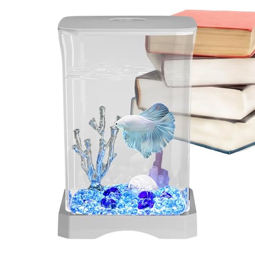 Betta Aquarium Tank, 4K HD Fischtank, Schreibtisch-Aquarium mit LED-Licht, kleine Fischschale für Betta, dekoratives Aquarium für Zuhause, LED-Aquarium-Starter-Set, modernes Betta-Tank für Büro,