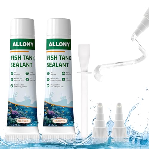 Allony Aquarium Kleber, Aquarium Silikon Transparent, Glaskleber Stark Wasserfest, Unterwasserkleber Geeignet zum Verkleben von Stein, Glas, Holz, Kunststoff, PVC, Metall-60ml*2