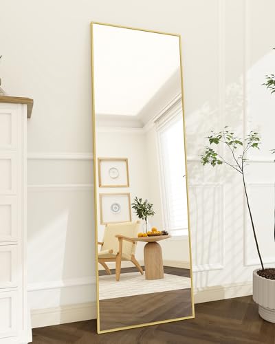 Koonmi 140 × 40 cm minimalistische Rahmen Standspiegel, Solider Ganzkörperspiegel frei stehend, leicht Spiegel in voller Länge Aufhängen an der Wand horizontal oder vertikal, Gold