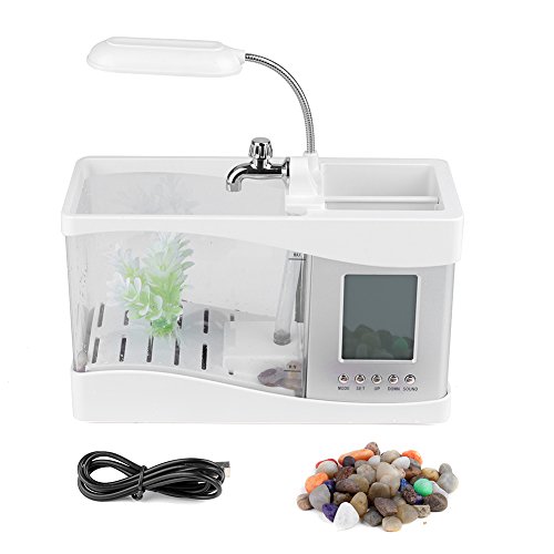 Multifunktionales Mini-Aquarium, Desktop-Aquarium, USB-wiederaufladbares Mini-Aquarium, Mini-Fischschale mit Uhrfunktion, LED-Licht (Weiß)