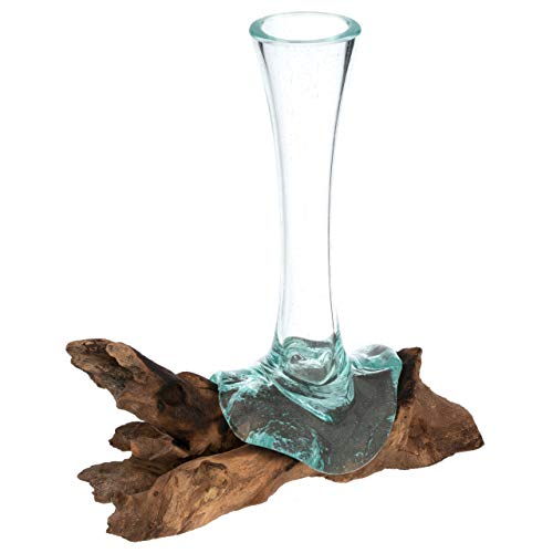 Handgemachte mundgeblasene innovative Glasvase auf Wurzelholz Moderne Dekovase aus Glas ca. 28x12x16 cm reine Handarbeit Vas Bunga Teak Holz
