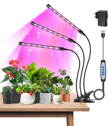 Garpsen Pflanzenlichter, 3 Köpfe, rot, blau, warmweiß, Vollspektrum-Wachstumslichter für Zimmerpflanzen, 60 LEDs, LED-Wachstumslicht für Samenstart, mit automatischem ON/OFF 6/12/16H Timer, 5 dimmbare