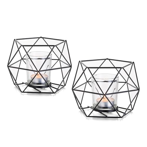 Kerzenständer Schwarz Deko Modern Tischdeko: Candeldo 2er Set Teelichthalter Metall Kerzenhalter Deko Wohnzimmer Badezimmer Tisch Geometrische Dekoration für Schlafzimmer Fenster Esstisch