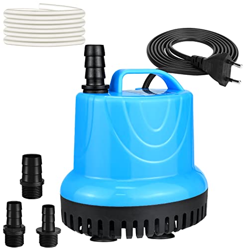 20W 1500L/H Mini Wasserpumpe, Aquariumpumpe Springbrunnenpumpe Klein Tauchpumpe, Ultra Leise Aquarium Pumpe Förderpumpe mit 3 Düse & 1,5 m Schlauch für Teiche, Aquarium, Garten, Brunnen (Blau)