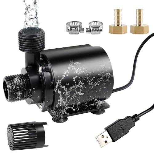 EXLECO USB Aquariumpumpe 500L/H 4W Tauchpumpen Mini Wasserpumpe klein Fontäne Pumpe Filterpumpe Ultra Leise Springbrunnen Pumpe mit 1,8M Kabel 2 Messing Düse für Aquarium