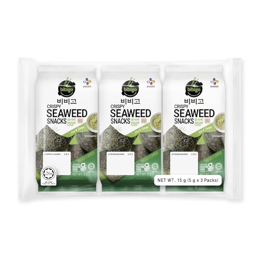 Bibigo Seealgen Snack Wasabi – Geröstete Seelagenblätter mit Wasabi – Ideal als Snack oder Beilage – 3 x 5 g