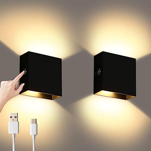 Lightess LED Wandleuchte Innen Wandlampe Akku ohne Stromanschluss Kabellose Wandlampe Touch Dimmen Magnetisch Wandleuchten Unendliches Dimmen für Schlafzimmer Wohnzimmer 2 Stück Schwarz Warmweiß