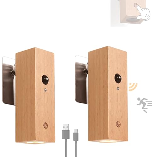 LED Innen Holz Wandlampe mit Akku Kabellos Wandleuchte mit Bewegungsmelder 360° Drehbare Wandlicht Lampen Batteriebetriebene USB Wandbeleuchtung für Schlafzimmer Flur Treppenhaus Warmweiß (2 Stück)