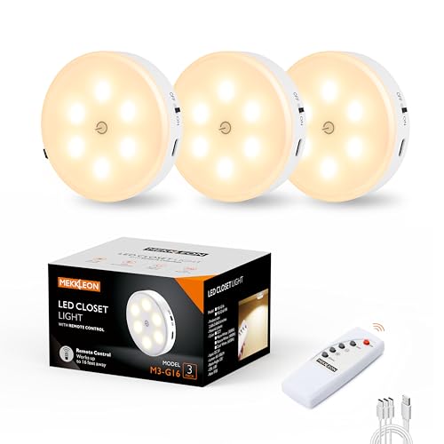 MEKKLEON Puck Lights Schrankbeleuchtung Unterbauleuchte Küche mit fernbedienung,vitrinenbeleuchtung,USB Wiederaufladbares,3Pack LED Beleuchtung mit Klebepads für Schlafzimmer,Kleiderschrank-3000K