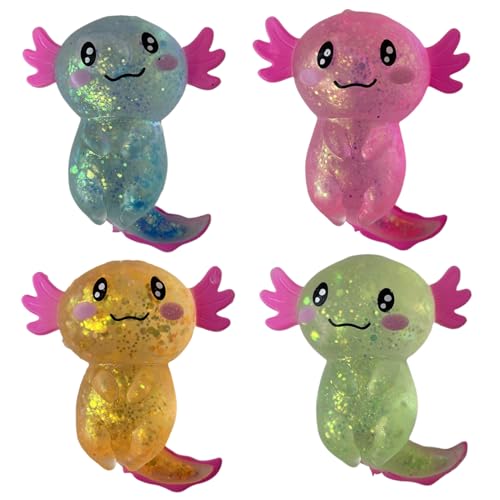 Stressspielzeug 4pcs 4 x 3 Zoll Glitzer Axolotle Squeeze Toys Stress Relief Toy Entzückende Axolotl Spielzeug Weicher Stressspielzeug Axolotl Dehnbare Zappelspielzeuge für Kinder und Erwachsene