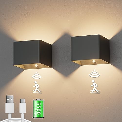 Aipsun 2 Stück 5500mAh akku wandleuchte mit Bewegungsmelder, LED wandleuchte Innen, 3000k, 5W, kabellose LED akku wandleuchte mit Schalter, für Schlafzimmer Wohnzimmer Treppe(anthrazit)