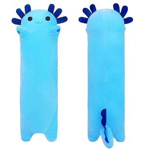 SNOWOLF Gefüllte Axolotl Lange Kissen Plüsch Tier Spielzeug Weiche Kawaii Stuff Kuscheltier Spielzeug Entzückende Umarmungskissen für Kinder (90cm, blau)