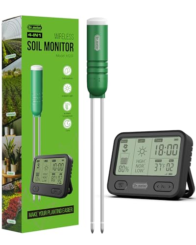 Dr.meter Boden Feuchtigkeitsmesser für Pflanzen, 4 in 1 Feuchtigkeitsmessgerät Pflanzen Temperatur/Licht/Zeit/Bodenwassermonitor mit LCD Display für Pflanzen für Gartenarbeit,Rasen,Topfpflanzen