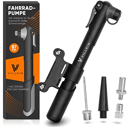 Villkin Fahrradpumpe 87 PSI für alle Ventile – Inkl. Adaptern für (SV) Presta, (AV) Schrader, (DV) Dunlop-Ventil & Bälle – Pumpe kompatibel für Mountainbike, Rennrad, BMX und weitere Fahrräder