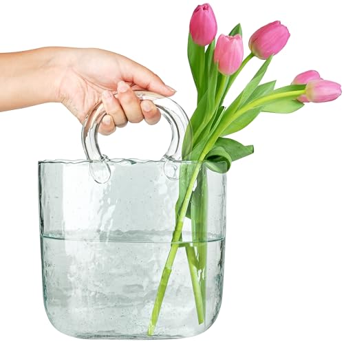 FNG8 Dekorative Vase Glas Handtasche - Klare Handgemachte Vase Klein Vase für Langstielige Blumen, Obst, Potpourri, Kleine Fische & Süßigkeiten - Einzigartige Taschen Vase mit Wasserblasen-Look