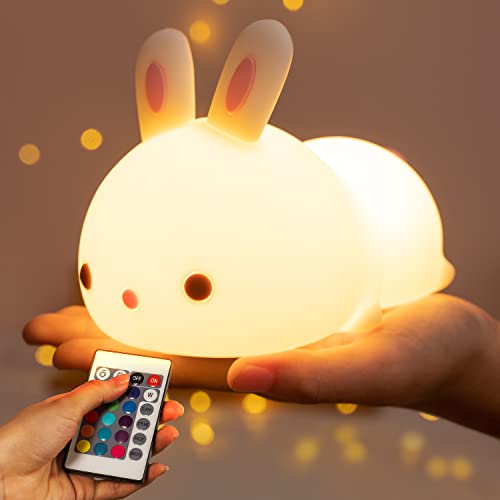 Nachtlicht Kinder Nachtlicht Baby,16 Farben+Dimmbar+Fernsteuerung+USB Wiederaufladbar Kawaii Deko Nachtlampe Kinderzimmer Deko Mädchen Hase, Kawaii Zimmer Deko Kinderzimmer Deko Mädchen, Kawaii Deko