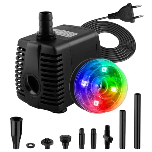 NATPOW Springbrunnenpumpe Aussen mit LED, RGB Teichpumpe für Miniteich, Aquariumpumpe mit 3 Wechselnden Farben, 3 Düsen, 800L/h 15W Gartenbrunnen Pumpe Klein für Gartenteich, Teich, Wasserfall