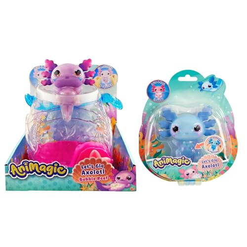 Animagic - Set 1 Lila Axolotl-Aquarium + 1 Blauer Axolotl - Elektronisches & Leuchtendes Haustier - für Kinder ab 4 Jahren - Dehnbarer Körper - Aquarium zum Transport der Axolotls