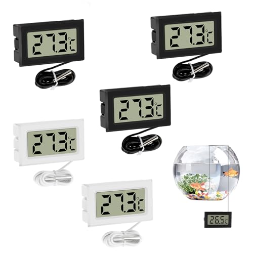 VFANDV 5pcs Aquarium Thermometer Digital, LCD Thermometer Temperatursensor Wasserdicht mit 1m Kabel und Externer Sonde Temperaturüberwachung für Kühlschrank Gefrierschrank, Schwarz und Weiß