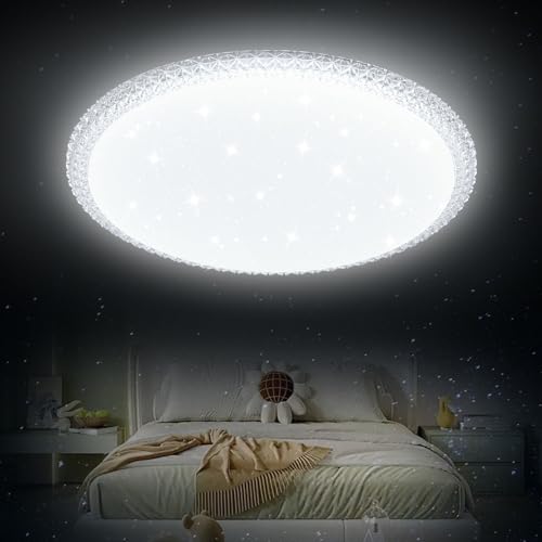 NUODIFAN Deckenlampe LED Deckenleuchte 20W Schlafzimmer Sternenhimmel 6500K Badezimmer Deckenbeleuchtung IP65 Wasserdicht Badlampe Rund für Bad Küche Kinderzimmer Flur - Ø27cm