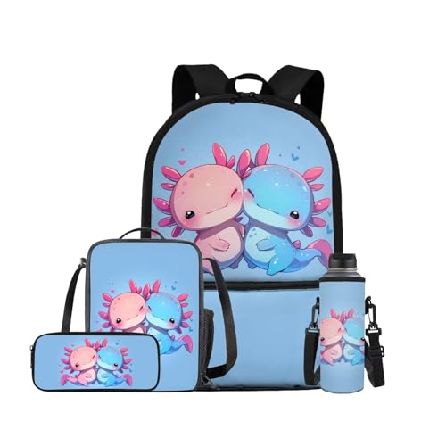 ELEDIZI Axolotl Rucksack für Mädchen, Kinder-Rucksack mit Lunchbox, Wasserflasche und Kawaii-Federmäppchen, 4-teiliges Set, Büchertasche mit Vordertasche für Schule, 43,2 cm, niedliche Schultasche für