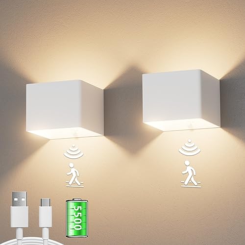 Aipsun 2 Stück 5500mAh akku wandleuchte mit Bewegungsmelder, LED wandleuchte Innen, 3000k, 5W, kabellose LED akku wandleuchte mit Schalter, für Schlafzimmer Wohnzimmer Treppe(weiß)