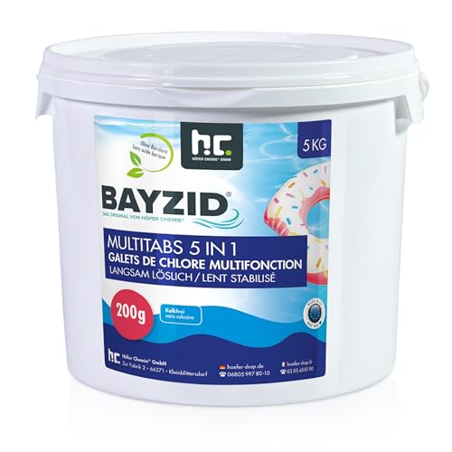 BAYZID Chlor Multitabs 5 in 1-200g Chlortabletten für Pool - 5kg - 5-Phasen Pflege & Reinigung - Made in Europe - Für kristallklares Poolwasser