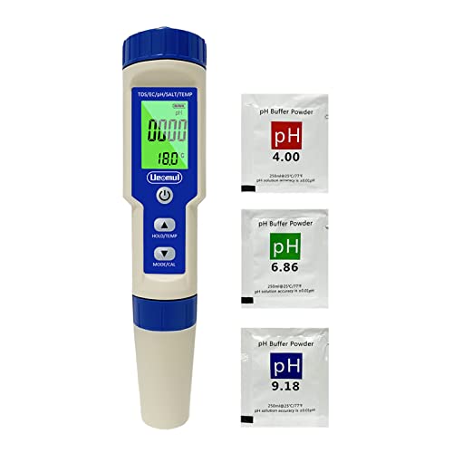 Ueomul digitales PH Messgerät 5 in 1 TDS EC Salzgehalt Temperatur pH Tester Hochpräzises wasserdichtes IP67 Multiparameter-Tester Wasser-pH-Meter Automatische Temperaturkompensation