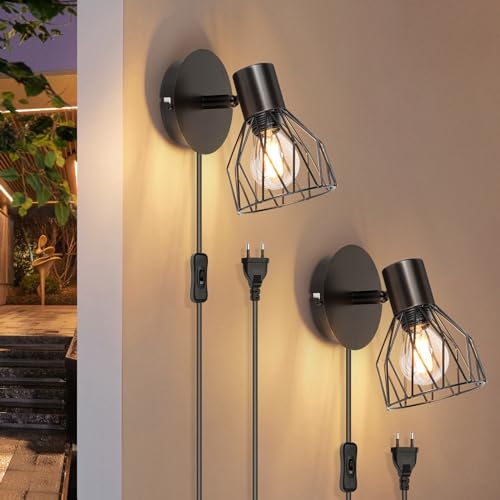 Kimjo Wandlampe mit Stecker - Wandlampe mit Schalter und Stecker Schwarz - Wandleuchte mit Stecker und Kabel Drehbare - E14 Wandleuchte mit Schalter Schlafzimmer Wandstrahler Ohne Glühbirne 2 Stück