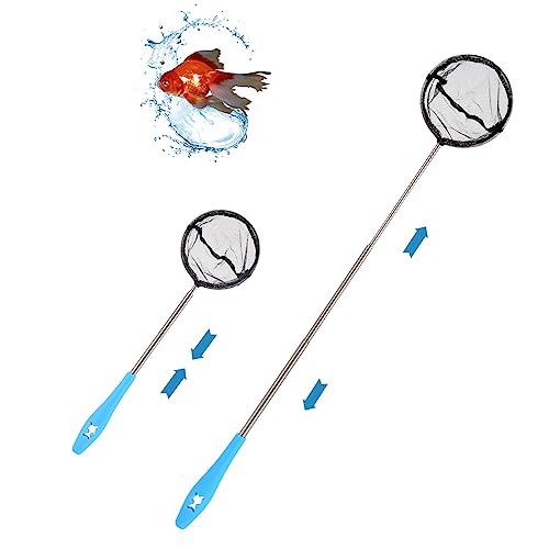 Runder Kescher Fischnetz，Aquarienkescher mit Teleskopstiel, aus rostfreiem Stahl, zum Fangen von kleinen Fischen und Garnelen und zur Reinigung des Aquariums（Blau）