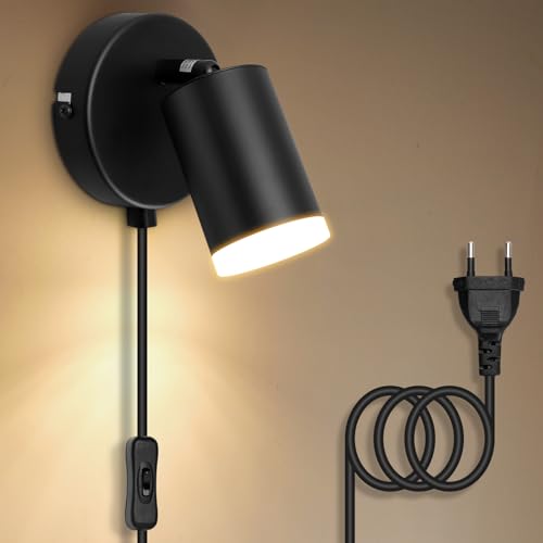 Dehobo Wandlampe mit Schalter und Stecker - LED Wandleuchte Innen GU10 Schwarz Vintage Schwenkbar 350°- Wandleuchte mit Stecker und Kabel für Schlafzimmer Korridor Wohnzimmer Ohne Leuchtmittel