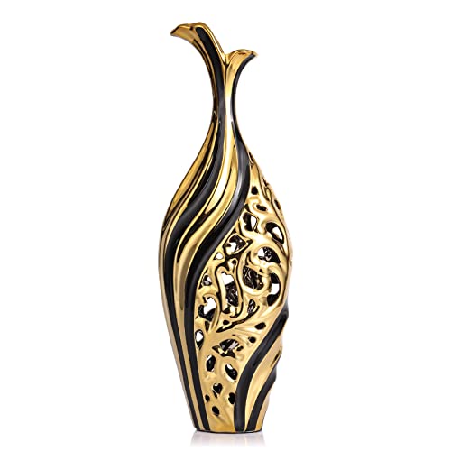 Schwarz Gold Bodenvase 50cm Hoch, Keramik Große Deko Vasen Durchbrochen Kreative Vase Für Pampasgras & Trockenblumen, 50cm Hohe Standvase für Home Office Hochzeit Weihnachten Einweihungsparty Dekor