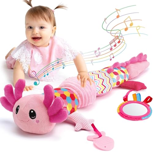 Baby Spielzeug 0-6 Monate - Musikalischer Axolotl Plüsch mit Rassel, Beißring, Spiegel, Quietsche, Knitter Baby Mädchen Geschenke, Tummy Time, Montessori, Sensorisches Spielzeug für Babys