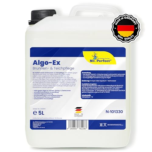 Mr. Perfect® 5L Teichklar Teichpflege & Brunnenreiniger, Algenvernichter für Teich und Brunnen - Teichklärer sorgt für klares Teichwasser und schont Fische und Pflanzen – Teichreiniger Algenfrei