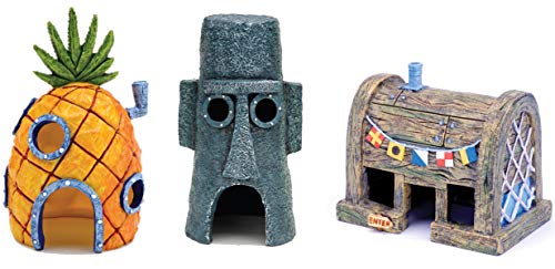 Penn-Plax Spongebob Schwammkopf, offizielles Lizenzprodukt, 3-teiliges Aquarium-Ornament-Set – Spongebob's Ananashaus, Squidward's Easter Island Home, und The Krusty Krab