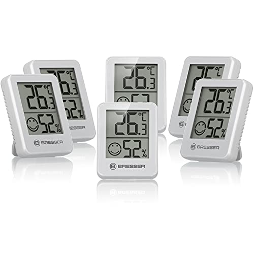 Bresser 6er Set Thermometer Hygrometer - Digitales Raumthermometer für Kontrolle Innenraum Luftfeuchtigkeit, Kühlschrankgeeignet, Wandmontage und Magnet, Schimmelvorbeugung - Indikator Smiley, Weiß