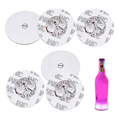 6STK LED Sticker Stimmungslichter 7 Lichtfarben Selbstklebende Leuchtsticker mit 4 SMD LED Austauschbarer Batterien und 3-M Klebefolie Flaschenbeleuchtung zum unter LED Bar Untersetzer Lichter