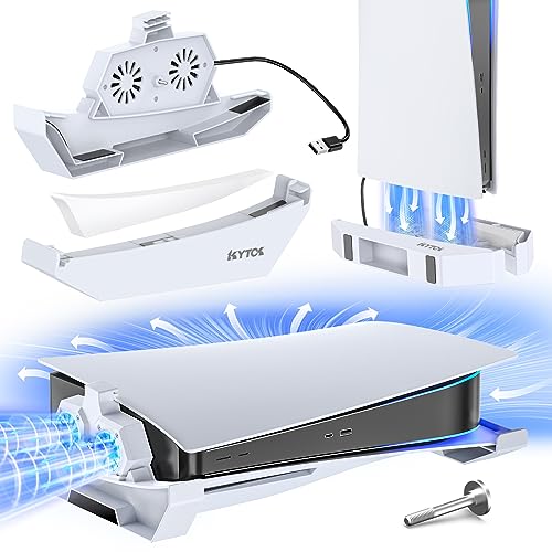 PS5 Standfuß mit Leisem Lüfter, Verbesserter Vertikaler und Horizontaler PS5 Ständer für PS5 Disk und Digitale Konsole mit PS5 Lüfter Kühler, Playstation 5 Zubehör mit USB Kabel, Weiß