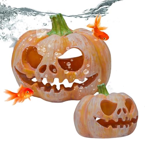 Kürbisstatue Aquarium Deko, 2er-Pack Halloween-Kürbisgeist Aquarium Höhle, Landschaft Aquarien & Zubehör, Kürbies-Unterschlupf-Ornament Aus Kunstharz, für Wassertiere zum Züchten, Spielen Und Ausruhen