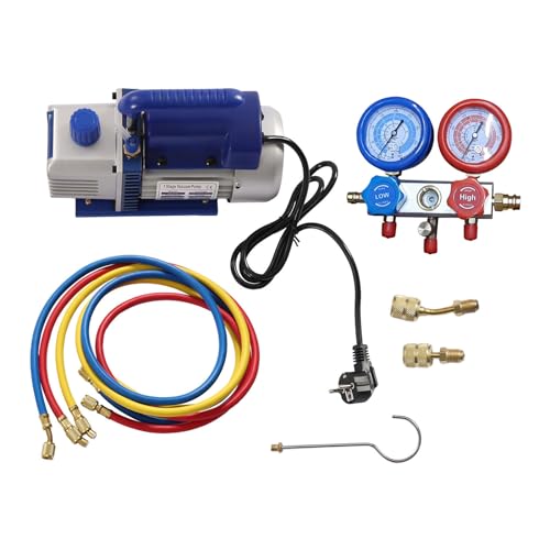 Vakuumpumpe 3 CFM 1/4 HP, Unterdruckpumpe mit 3x 4 ft Dreifarbiger Kältemittelschlauch & 2 Kupfer-Adapter, Manifold Gauge Set, Einstufige Vakuumpumpe für HVAC AC Kältemittel-Luftwerkzeug