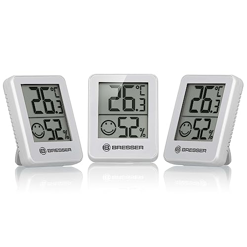 Bresser 3er Set Thermometer Hygrometer - Digitales Raumthermometer für Kontrolle Innenraum Luftfeuchtigkeit, Kühlschrankgeeignet, Wandmontage und Magnet, Schimmelvorbeugung - Indikator Smiley, Weiß