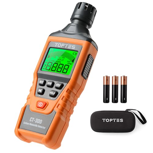 TopTes CT-300 Tragbarer CO-Detektor, CO-Detektor mit akustischem und optischem Alarm, 0-5000PPM, hintergrundbeleuchtetes Display, für Haus, Auto, Camping & Reisen (inkl. Batterie x3) - Orange