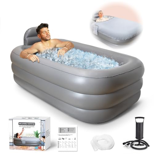 Nevife Aufblasbare Badewanne mit Komfort-Badewannenboden,faltbare/portable freistehende Badewanne für Erwachsenen-Spa, ideal für heiße Bäder/Eisbäder 160x90x50cm (hellgrau)