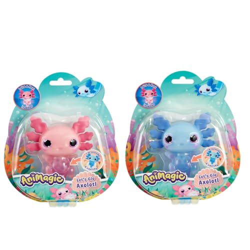 Animagic - Set 1 Rosa Axolotl + 1 Blauer Axolotl - Elektronisches & Leuchtendes Haustier - für Kinder ab 4 Jahren - Sensorisches & Taktisches Spiel - Dehnbarer Körper - Schwimmt & Leuchtet im Wasser