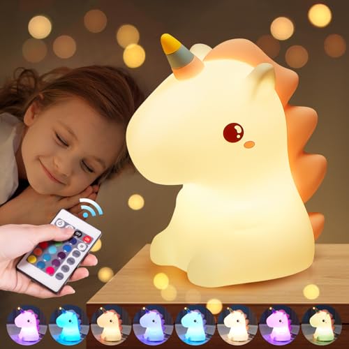 One Fire Nachtlicht Kinder Einhorn Geschenke für Mädchen, 16 Farben 5 Helligkeit Nachtlicht Baby Stilllicht Dimmbar,1200 mAh Unicorn Nachtlicht Batterie Nachttischlampe Kinder,Stilllicht Kawaii Deko