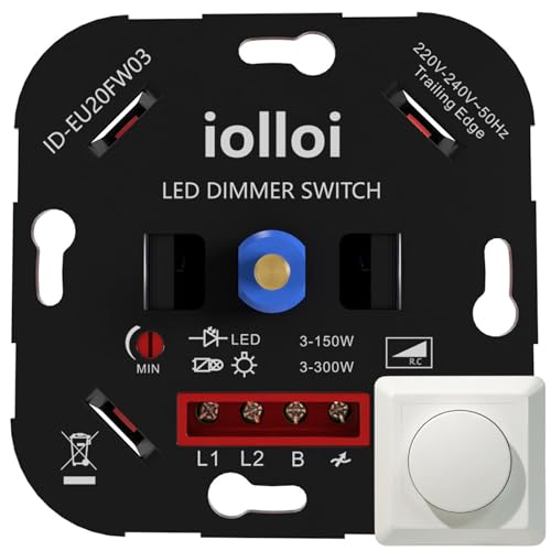 iolloi LED Dimmer Schalter, Drehdimmer Unterputz Dimmschalter für Dimmbare LEDs 3–150W / Halogen 3–300W, dimmer für led lampen, LED Dimmer 230V, weiß
